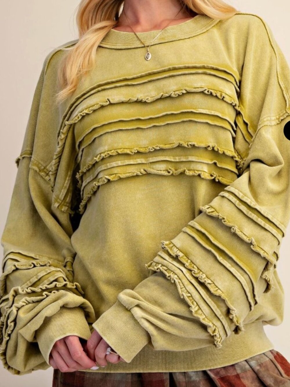 Easel Pistachio Ruffle Sweatshirt | Textured Boho Oversized Pullover NEW